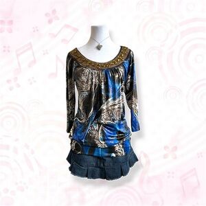 Investments Y2K Blue Gold Baroque Print Beaded Neckline Top Size S